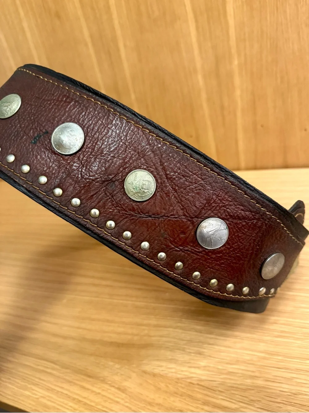 Vintage 1970s Coin-Studded Wide Leather Waist Belt w/ Brass Accent, Men’s XL